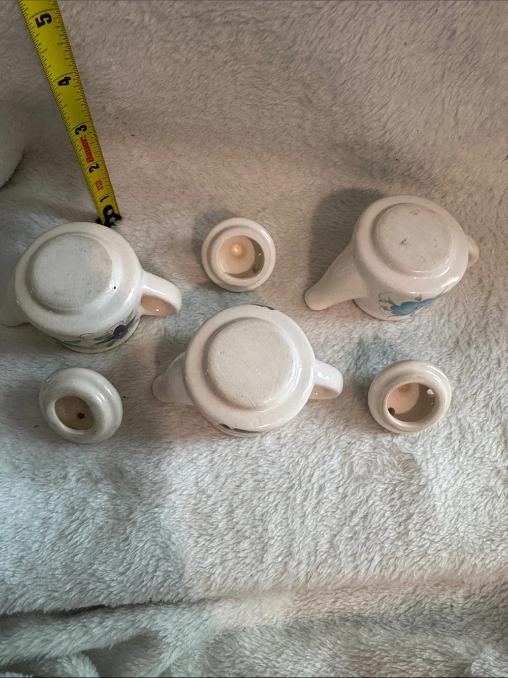 Bauer White Ceramic Mini Teapot Trio with Blue and Purple Floral Accents